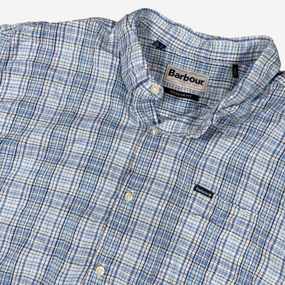 Barbour Seersucker Shirt Mens Sz L Blue Plaid Button Up Preppy Camp Coastal